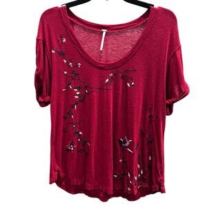 Free People Linen Blend Embroidered Red Women's Top Size X Small